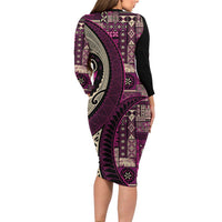 Vintage Samoa Siapo Mamanu Long Sleeve Bodycon Dress Pink Samoan Tapa Motif LT9 - Polynesian Pride