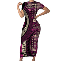 Vintage Samoa Siapo Mamanu Short Sleeve Bodycon Dress Pink Samoan Tapa Motif LT9 Long Dress Pink - Polynesian Pride