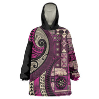 Vintage Samoa Siapo Mamanu Wearable Blanket Hoodie Pink Samoan Tapa Motif LT9 One Size Pink - Polynesian Pride