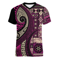 Vintage Samoa Siapo Mamanu Women V-Neck T-Shirt Pink Samoan Tapa Motif LT9 Female Pink - Polynesian Pride