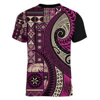 Vintage Samoa Siapo Mamanu Women V-Neck T-Shirt Pink Samoan Tapa Motif LT9 - Polynesian Pride