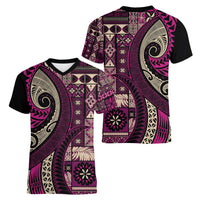 Vintage Samoa Siapo Mamanu Women V-Neck T-Shirt Pink Samoan Tapa Motif LT9 - Polynesian Pride