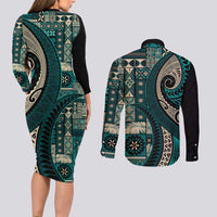 Vintage Samoa Siapo Mamanu Couples Matching Long Sleeve Bodycon Dress and Long Sleeve Button Shirt Teal Samoan Tapa Motif LT9 - Polynesian Pride