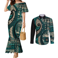 Vintage Samoa Siapo Mamanu Couples Matching Mermaid Dress and Long Sleeve Button Shirt Teal Samoan Tapa Motif LT9 Teal - Polynesian Pride