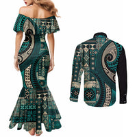 Vintage Samoa Siapo Mamanu Couples Matching Mermaid Dress and Long Sleeve Button Shirt Teal Samoan Tapa Motif LT9 - Polynesian Pride