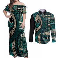 Vintage Samoa Siapo Mamanu Couples Matching Off Shoulder Maxi Dress and Long Sleeve Button Shirt Teal Samoan Tapa Motif LT9 Teal - Polynesian Pride
