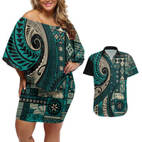 Vintage Samoa Siapo Mamanu Couples Matching Off Shoulder Short Dress and Hawaiian Shirt Teal Samoan Tapa Motif LT9 Teal - Polynesian Pride