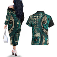 Vintage Samoa Siapo Mamanu Couples Matching Off The Shoulder Long Sleeve Dress and Hawaiian Shirt Teal Samoan Tapa Motif LT9 - Polynesian Pride