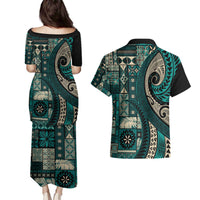 Vintage Samoa Siapo Mamanu Couples Matching Puletasi and Hawaiian Shirt Teal Samoan Tapa Motif LT9 - Polynesian Pride