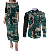 Vintage Samoa Siapo Mamanu Couples Matching Puletasi and Long Sleeve Button Shirt Teal Samoan Tapa Motif LT9 Teal - Polynesian Pride