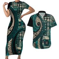 Vintage Samoa Siapo Mamanu Couples Matching Short Sleeve Bodycon Dress and Hawaiian Shirt Teal Samoan Tapa Motif LT9 Teal - Polynesian Pride