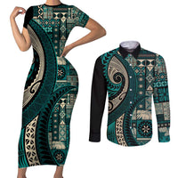 Vintage Samoa Siapo Mamanu Couples Matching Short Sleeve Bodycon Dress and Long Sleeve Button Shirt Teal Samoan Tapa Motif LT9 Teal - Polynesian Pride