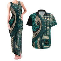 Vintage Samoa Siapo Mamanu Couples Matching Tank Maxi Dress and Hawaiian Shirt Teal Samoan Tapa Motif LT9 Teal - Polynesian Pride
