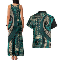 Vintage Samoa Siapo Mamanu Couples Matching Tank Maxi Dress and Hawaiian Shirt Teal Samoan Tapa Motif LT9 - Polynesian Pride