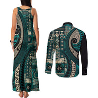 Vintage Samoa Siapo Mamanu Couples Matching Tank Maxi Dress and Long Sleeve Button Shirt Teal Samoan Tapa Motif LT9 - Polynesian Pride