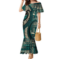 Vintage Samoa Siapo Mamanu Family Matching Mermaid Dress and Hawaiian Shirt Teal Samoan Tapa Motif LT9 Mom's Dress Teal - Polynesian Pride
