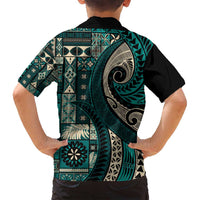 Vintage Samoa Siapo Mamanu Family Matching Off Shoulder Maxi Dress and Hawaiian Shirt Teal Samoan Tapa Motif LT9 - Polynesian Pride