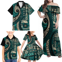 Vintage Samoa Siapo Mamanu Family Matching Off Shoulder Maxi Dress and Hawaiian Shirt Teal Samoan Tapa Motif LT9 - Polynesian Pride