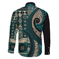 Vintage Samoa Siapo Mamanu Family Matching Off Shoulder Maxi Dress and Hawaiian Shirt Teal Samoan Tapa Motif LT9 - Polynesian Pride