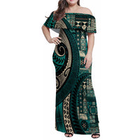 Vintage Samoa Siapo Mamanu Family Matching Off Shoulder Maxi Dress and Hawaiian Shirt Teal Samoan Tapa Motif LT9 Mom's Dress Teal - Polynesian Pride