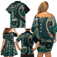 Vintage Samoa Siapo Mamanu Family Matching Off Shoulder Short Dress and Hawaiian Shirt Teal Samoan Tapa Motif LT9 - Polynesian Pride