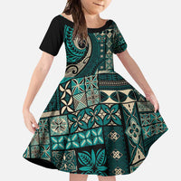 Vintage Samoa Siapo Mamanu Family Matching Short Sleeve Bodycon Dress and Hawaiian Shirt Teal Samoan Tapa Motif LT9 Daughter's Dress Teal - Polynesian Pride