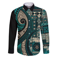 Vintage Samoa Siapo Mamanu Family Matching Short Sleeve Bodycon Dress and Hawaiian Shirt Teal Samoan Tapa Motif LT9 Dad's Shirt - Long Sleeve Teal - Polynesian Pride