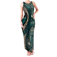 Vintage Samoa Siapo Mamanu Family Matching Tank Maxi Dress and Hawaiian Shirt Teal Samoan Tapa Motif LT9 Mom's Dress Teal - Polynesian Pride