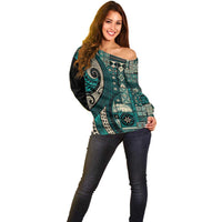 Vintage Samoa Siapo Mamanu Off Shoulder Sweater Teal Samoan Tapa Motif - Polynesian Pride