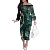 Vintage Samoa Siapo Mamanu Off The Shoulder Long Sleeve Dress Teal Samoan Tapa Motif LT9 Women Teal - Polynesian Pride