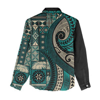 Vintage Samoa Siapo Mamanu Women Casual Shirt Teal Samoan Tapa Motif LT9 - Polynesian Pride