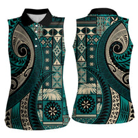 Vintage Samoa Siapo Mamanu Women Sleeveless Polo Shirt Teal Samoan Tapa Motif LT9 - Polynesian Pride