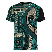 Vintage Samoa Siapo Mamanu Women V-Neck T-Shirt Teal Samoan Tapa Motif LT9 - Polynesian Pride