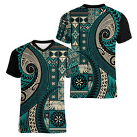 Vintage Samoa Siapo Mamanu Women V-Neck T-Shirt Teal Samoan Tapa Motif LT9 - Polynesian Pride