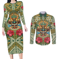 Hawaii Tiki Mask Personalized Couples Matching Long Sleeve Bodycon Dress and Long Sleeve Button Shirt Mele Kalikimaka i Iulai! LT9 Green - Polynesian Pride