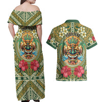 Hawaii Tiki Mask Personalized Couples Matching Off Shoulder Maxi Dress and Hawaiian Shirt Mele Kalikimaka i Iulai! LT9 - Polynesian Pride