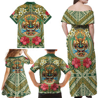 Hawaii Tiki Mask Personalized Family Matching Off Shoulder Maxi Dress and Hawaiian Shirt Mele Kalikimaka i Iulai! LT9 - Polynesian Pride