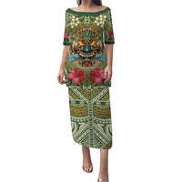 Hawaii Tiki Mask Personalized Family Matching Puletasi and Hawaiian Shirt Mele Kalikimaka i Iulai! LT9 Mom's Dress Green - Polynesian Pride