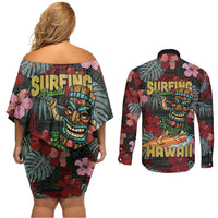 Hawaii Tiki Surfing Couples Matching Off Shoulder Short Dress and Long Sleeve Button Shirt Mele Kalikimaka i Iulai! LT9 - Polynesian Pride