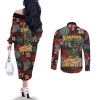 Hawaii Tiki Surfing Couples Matching Off The Shoulder Long Sleeve Dress and Long Sleeve Button Shirt Mele Kalikimaka i Iulai! LT9 - Polynesian Pride