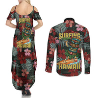 Hawaii Tiki Surfing Couples Matching Summer Maxi Dress and Long Sleeve Button Shirt Mele Kalikimaka i Iulai! LT9 - Polynesian Pride