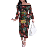 Hawaii Tiki Surfing Family Matching Off The Shoulder Long Sleeve Dress and Hawaiian Shirt Mele Kalikimaka i Iulai! LT9 Mom's Dress Black - Polynesian Pride