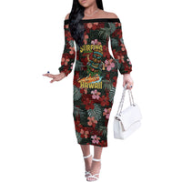 Hawaii Tiki Surfing Off The Shoulder Long Sleeve Dress Mele Kalikimaka i Iulai! LT9 Women Black - Polynesian Pride