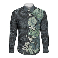 Pauliuli Hawai'i Hibiscus Long Sleeve Button Shirt Polynesian Tribal Tattoo Pattern Floral Elements LT9 Unisex Charcoal Blue - Polynesian Pride