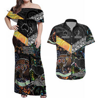 Personalised New Zealand and Australia Couples Matching Off Shoulder Maxi Dress and Hawaiian Shirt Maori Mix Aboriginal Art Style LT9 Black - Polynesian Pride