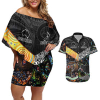 Personalised New Zealand and Australia Couples Matching Off Shoulder Short Dress and Hawaiian Shirt Maori Mix Aboriginal Art Style LT9 Black - Polynesian Pride