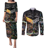Personalised New Zealand and Australia Couples Matching Puletasi and Long Sleeve Button Shirt Maori Mix Aboriginal Art Style LT9 Black - Polynesian Pride