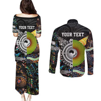 Personalised New Zealand and Australia Couples Matching Puletasi and Long Sleeve Button Shirt Maori Mix Aboriginal Art Style LT9 - Polynesian Pride