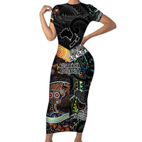 Personalised New Zealand and Australia Family Matching Short Sleeve Bodycon Dress and Hawaiian Shirt Maori Mix Aboriginal Art Style LT9 Mom's Dress Black - Polynesian Pride