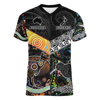 Personalised New Zealand and Australia Women V-Neck T-Shirt Maori Mix Aboriginal Art Style LT9 Female Black - Polynesian Pride
